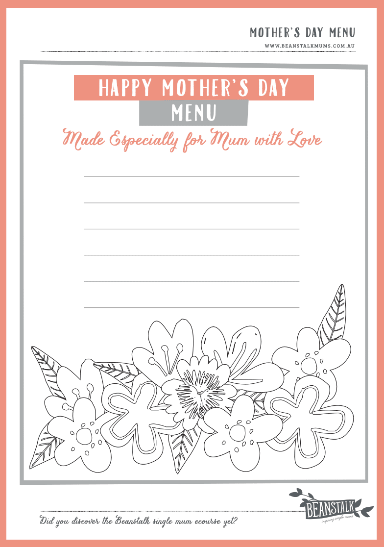 Menu template mother's day gift ideas