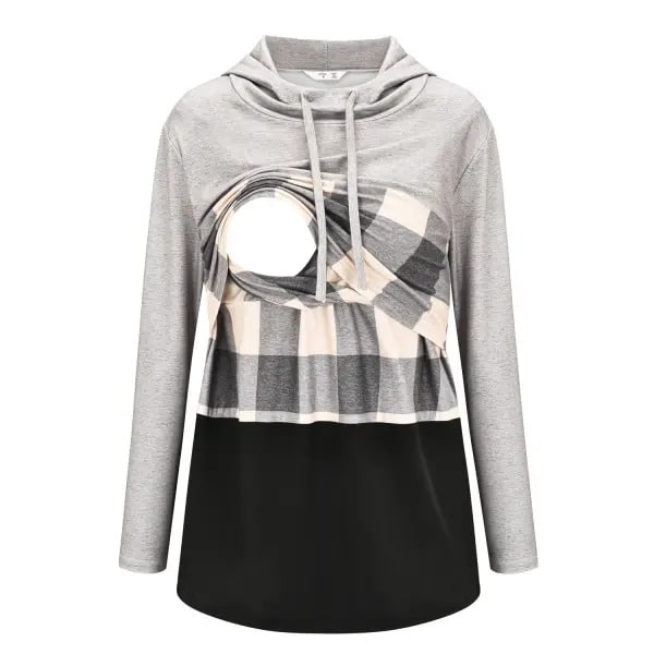 Maternity Mom Plaid Print Long Sleeve Breastfeeding Hooded Sweatshirt
